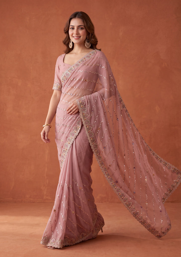 Baby Pink Tissue Threadwork Saree With Matching Blouse Piece