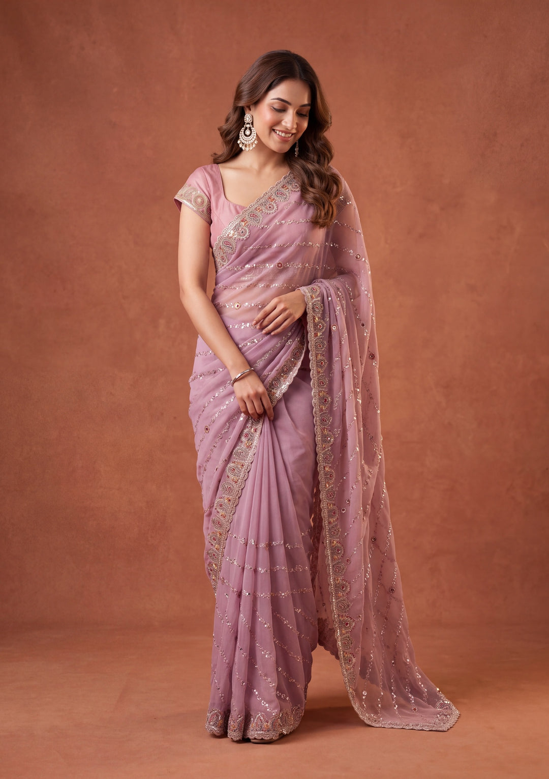 Lavender Tissue Threadwork Saree With Matching Blouse Piece