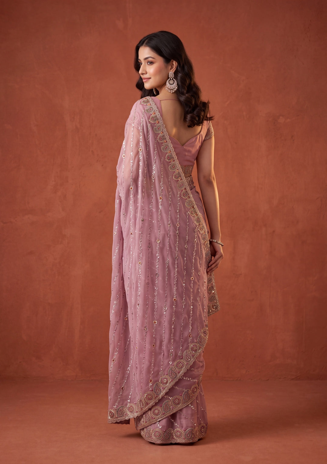 Lavender Tissue Threadwork Saree With Matching Blouse Piece