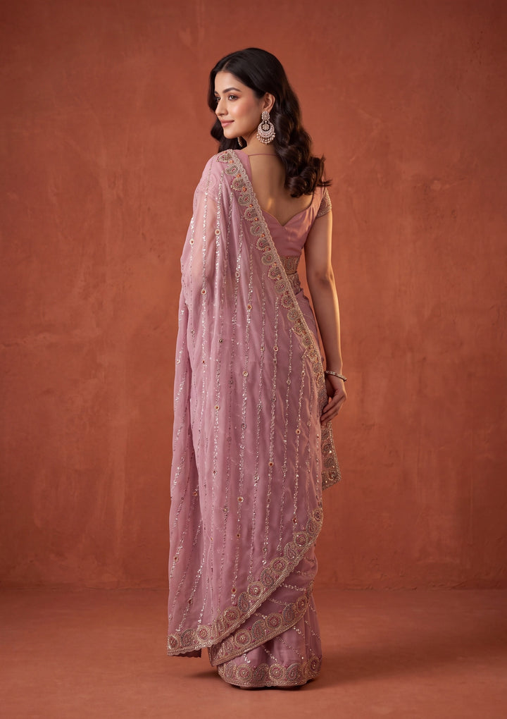 Lavender Tissue Threadwork Saree With Matching Blouse Piece