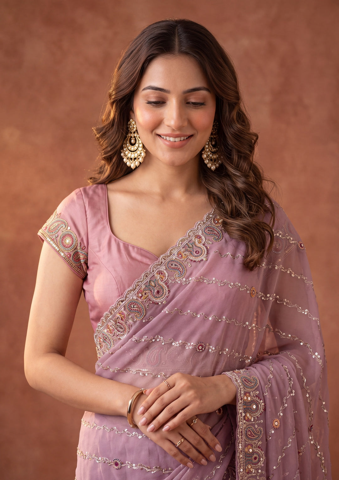 Lavender Tissue Threadwork Saree With Matching Blouse Piece