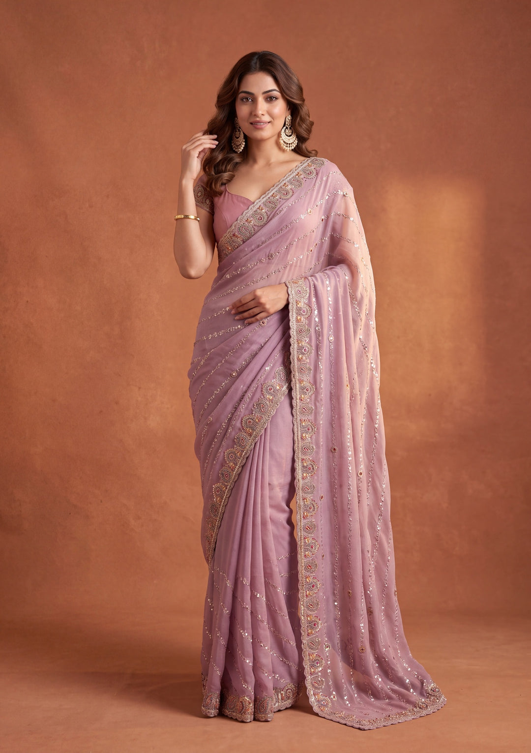 Lavender Tissue Threadwork Saree With Matching Blouse Piece