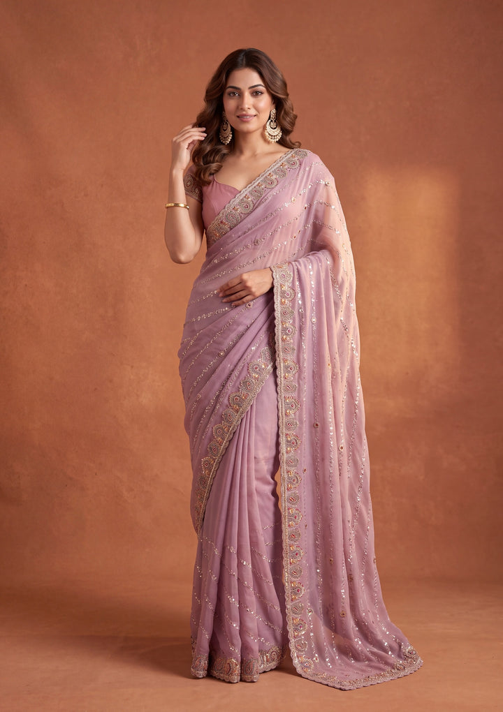 Lavender Tissue Threadwork Saree With Matching Blouse Piece