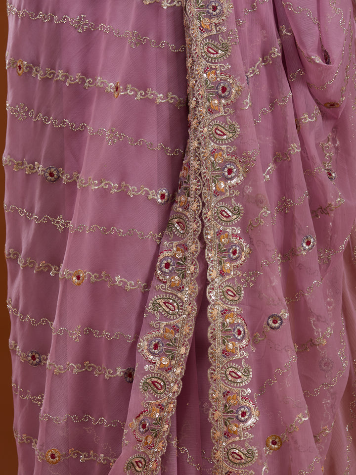 Lavender Tissue Threadwork Saree With Matching Blouse Piece