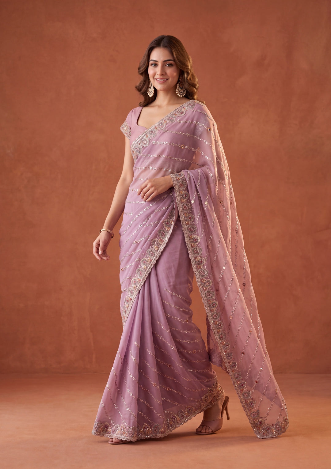 Lavender Tissue Threadwork Saree With Matching Blouse Piece