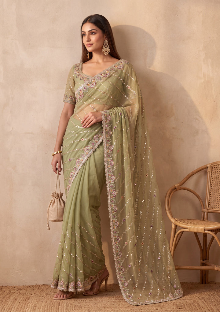 Pista Green Tissue Threadwork Saree With Matching Blouse Piece
