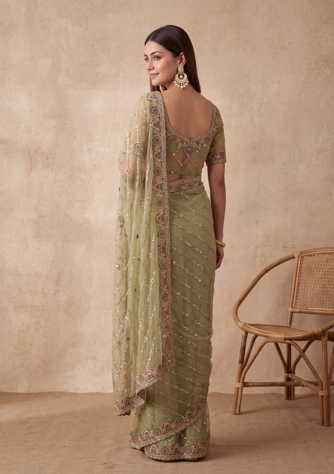 Pista Green Tissue Threadwork Saree With Matching Blouse Piece