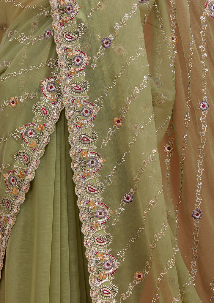 Pista Green Tissue Threadwork Saree With Matching Blouse Piece