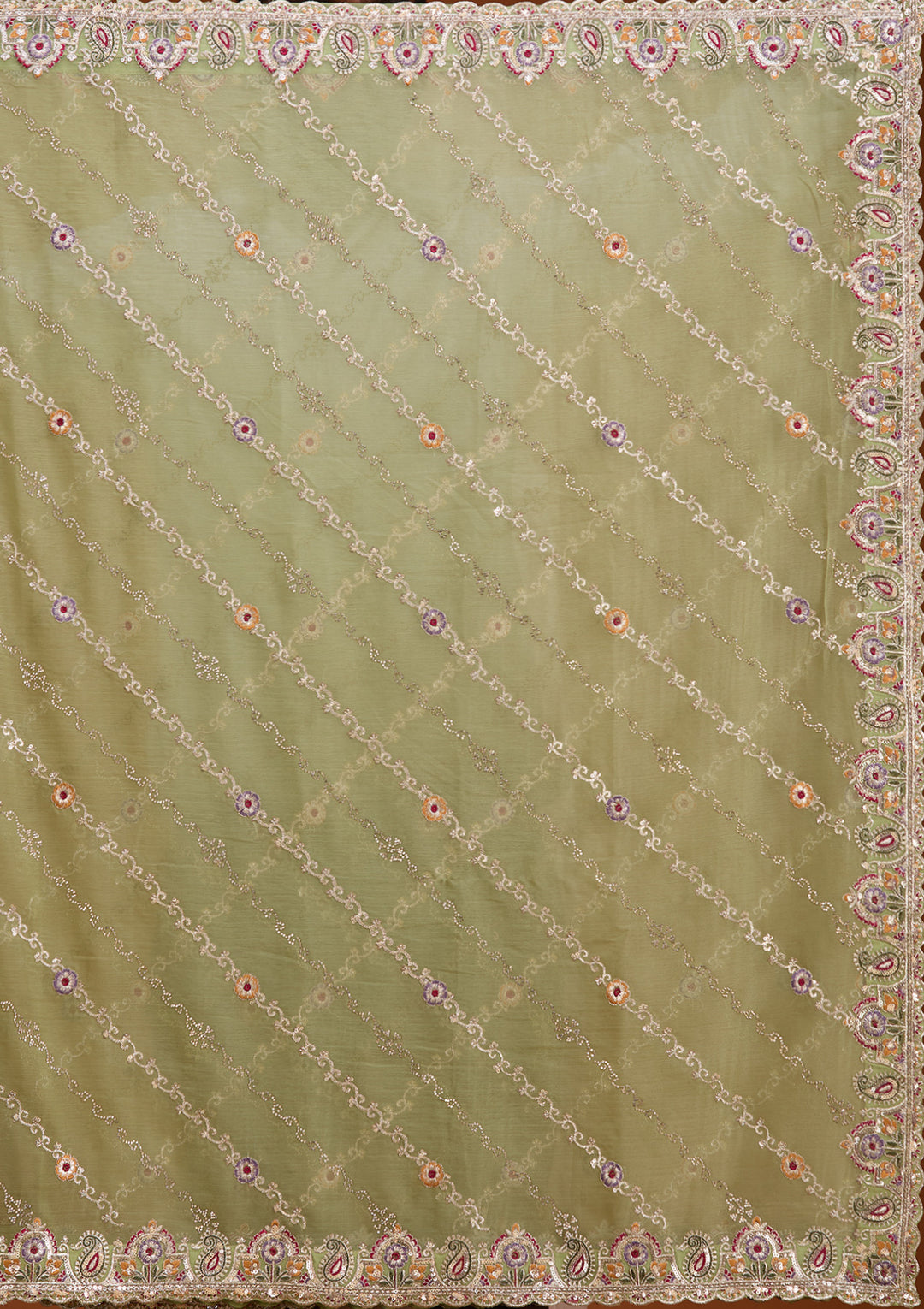 Pista Green Tissue Threadwork Saree With Matching Blouse Piece