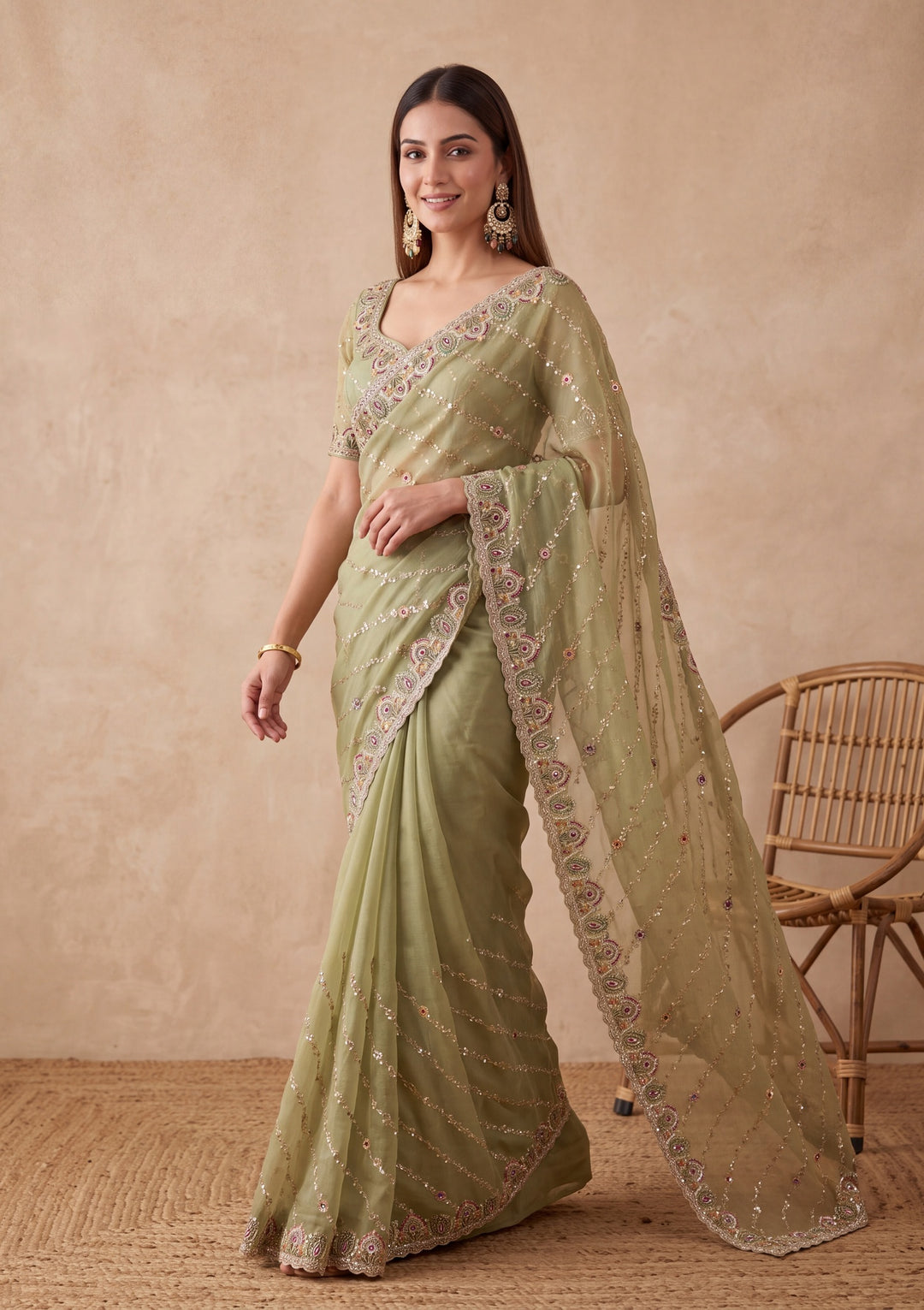 Pista Green Tissue Threadwork Saree With Matching Blouse Piece