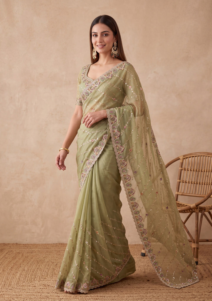 Pista Green Tissue Threadwork Saree With Matching Blouse Piece