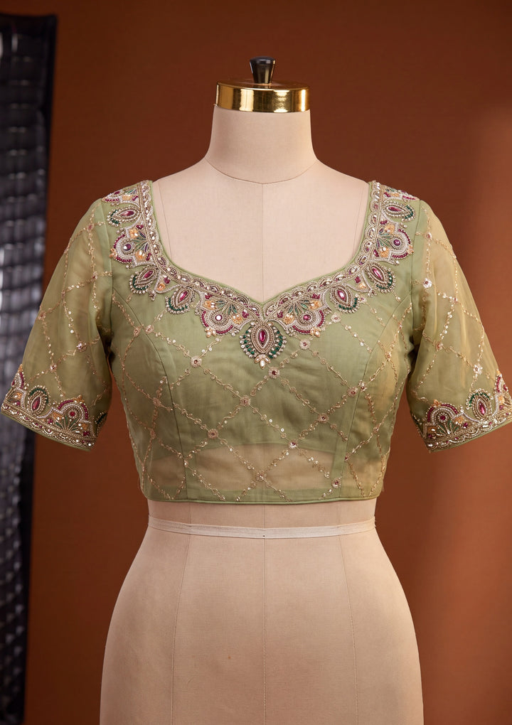 Pista Green Tissue Threadwork Saree With Matching Blouse Piece