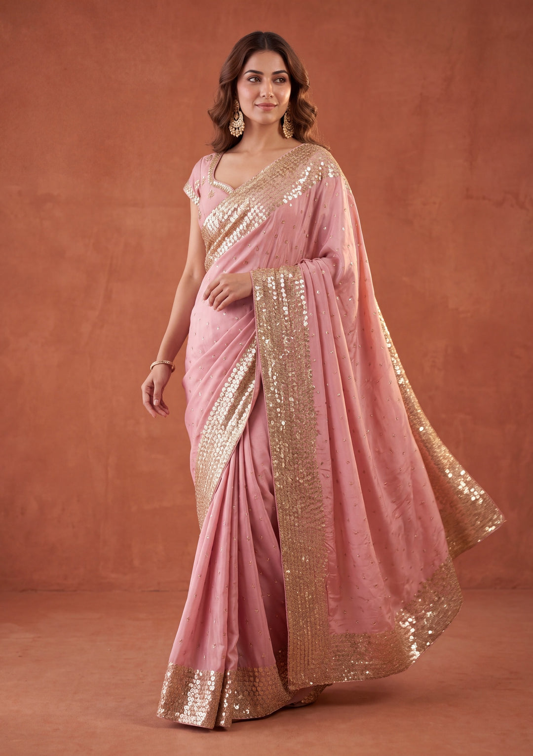 Baby Pink Crepe Sequins Saree With Matching Blouse Piece