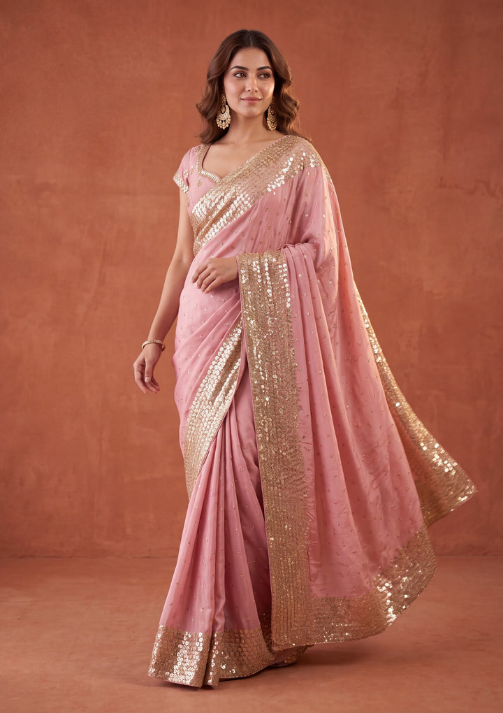 Baby Pink Crepe Sequins Saree With Matching Blouse Piece