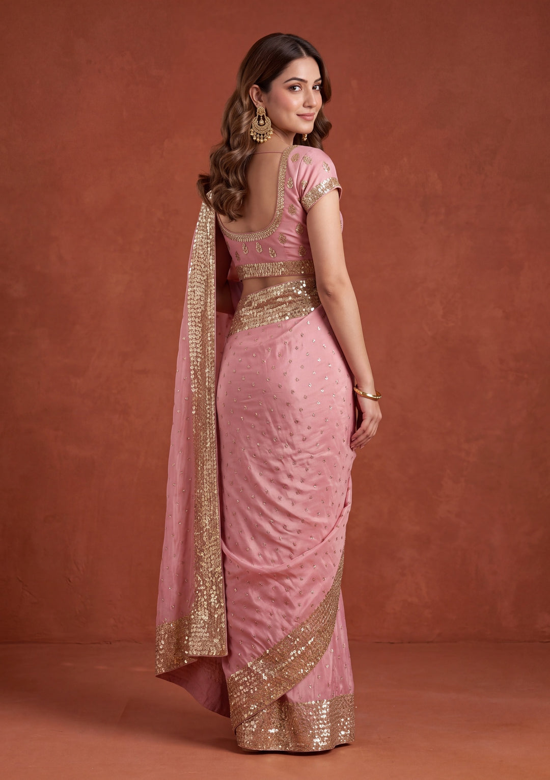 Baby Pink Crepe Sequins Saree With Matching Blouse Piece