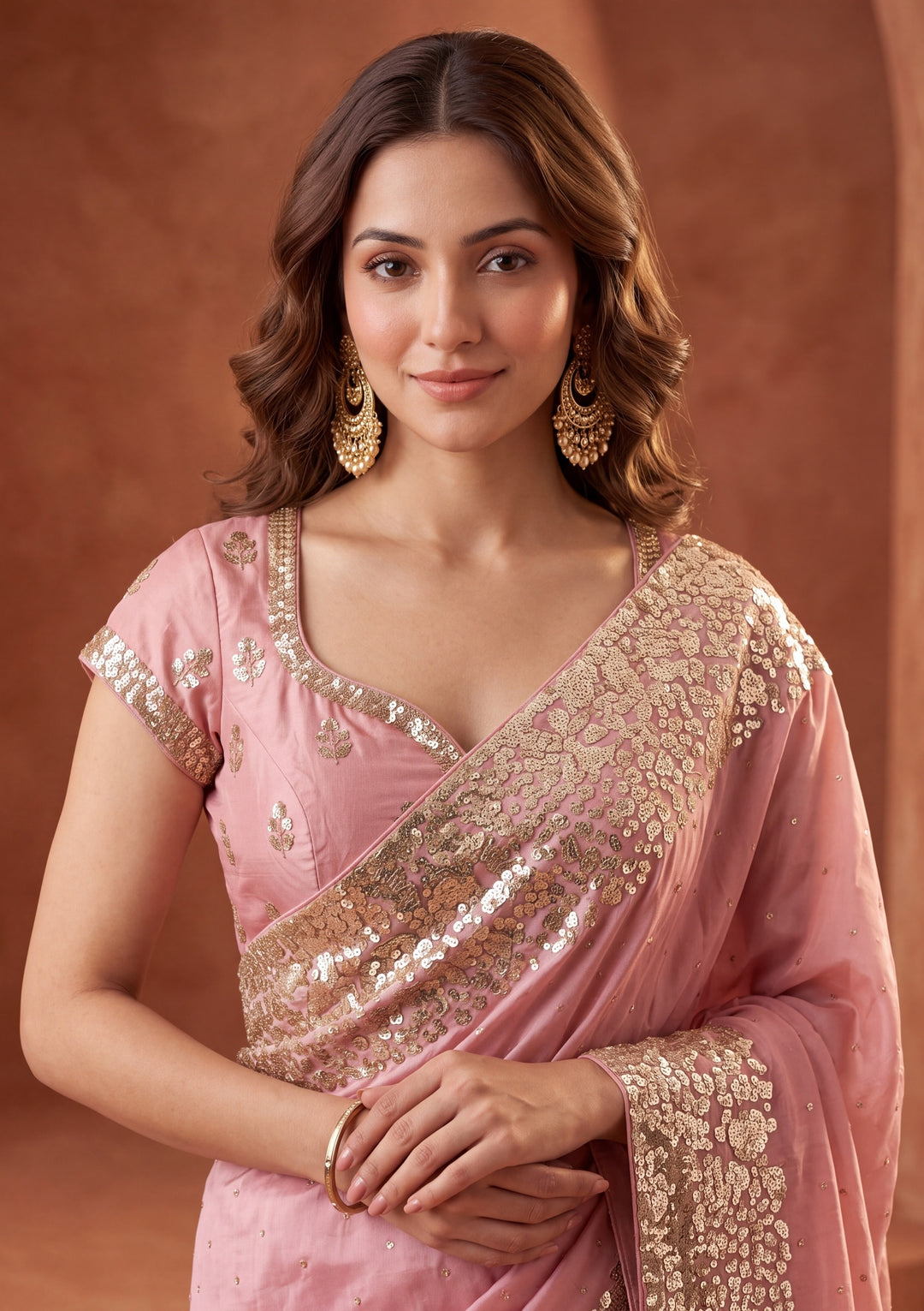 Baby Pink Crepe Sequins Saree With Matching Blouse Piece