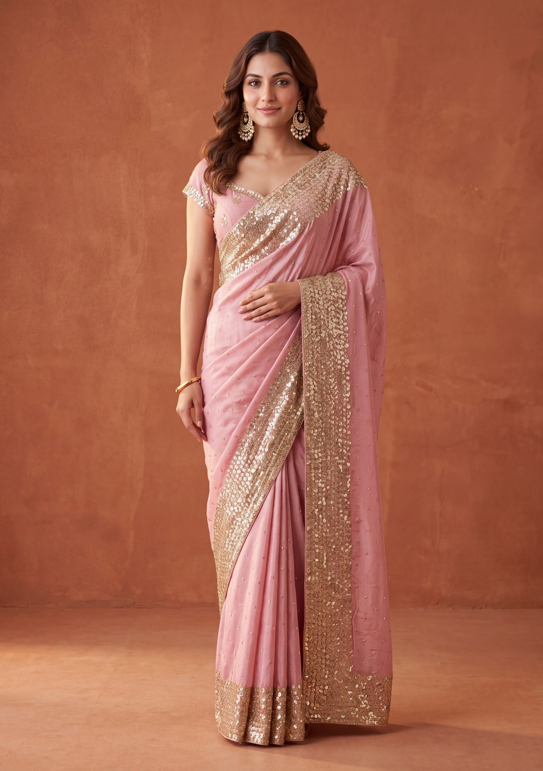 Baby Pink Crepe Sequins Saree With Matching Blouse Piece