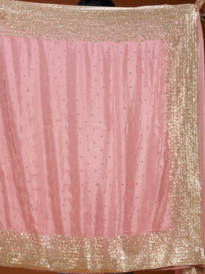 Baby Pink Crepe Sequins Saree With Matching Blouse Piece