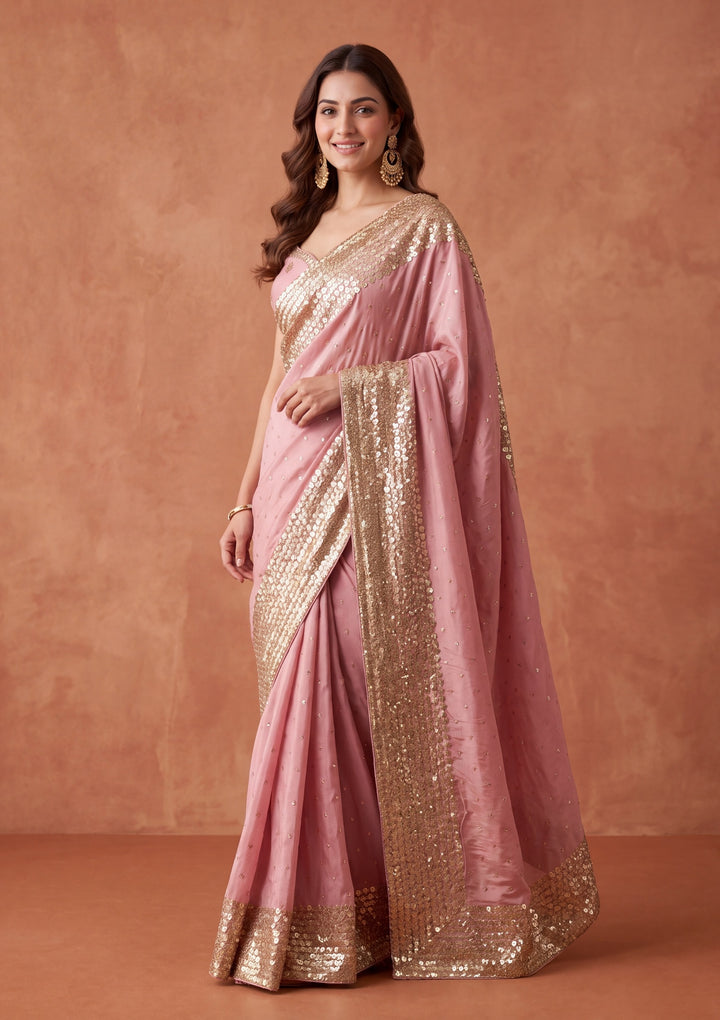 Baby Pink Crepe Sequins Saree With Matching Blouse Piece