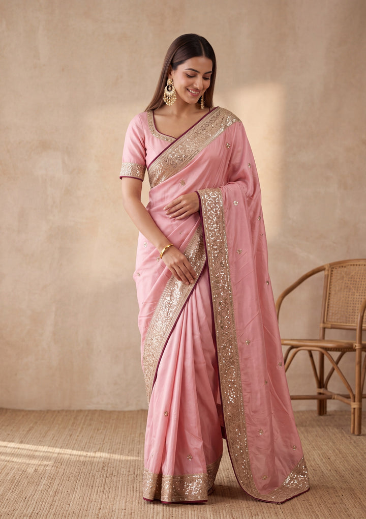 Baby Pink Crepe Sequins Saree With Matching Blouse Piece
