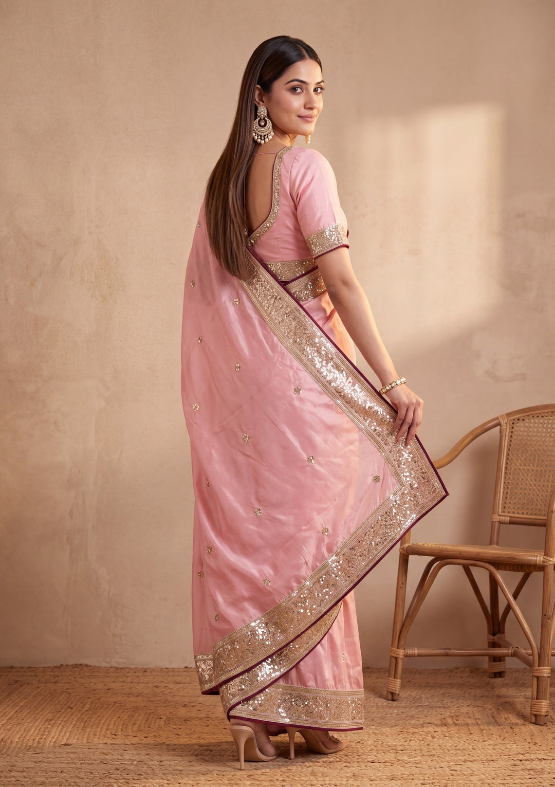 Baby Pink Crepe Sequins Saree With Matching Blouse Piece