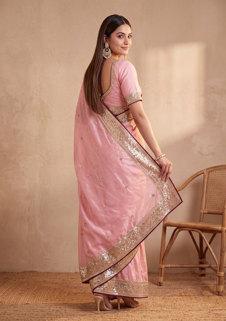 Baby Pink Crepe Sequins Saree With Matching Blouse Piece