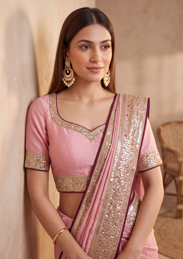 Baby Pink Crepe Sequins Saree With Matching Blouse Piece