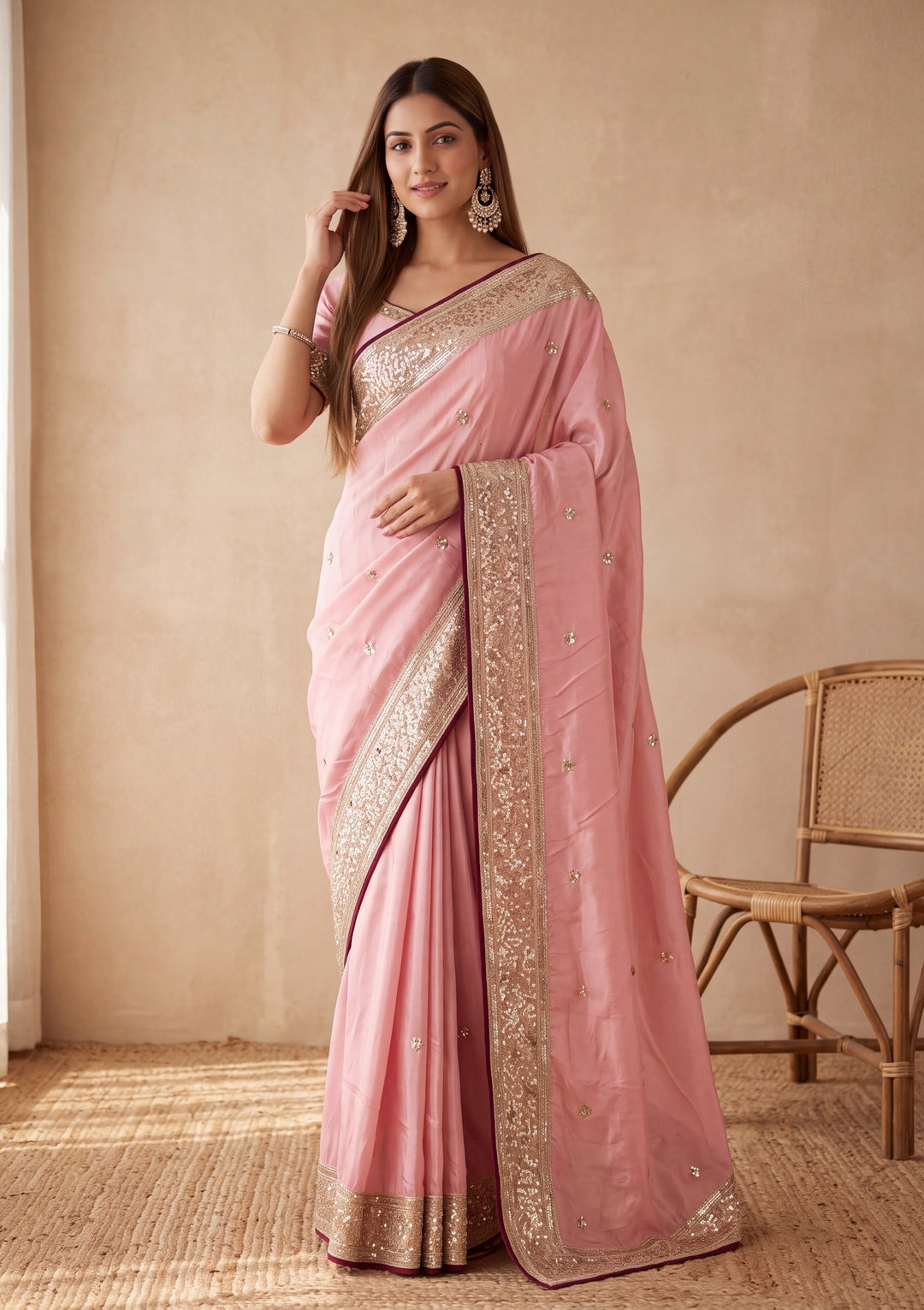 Baby Pink Crepe Sequins Saree With Matching Blouse Piece
