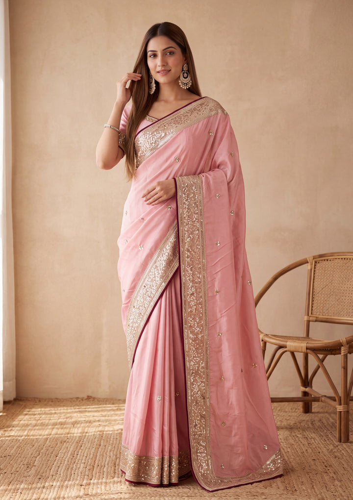 Baby Pink Crepe Sequins Saree With Matching Blouse Piece