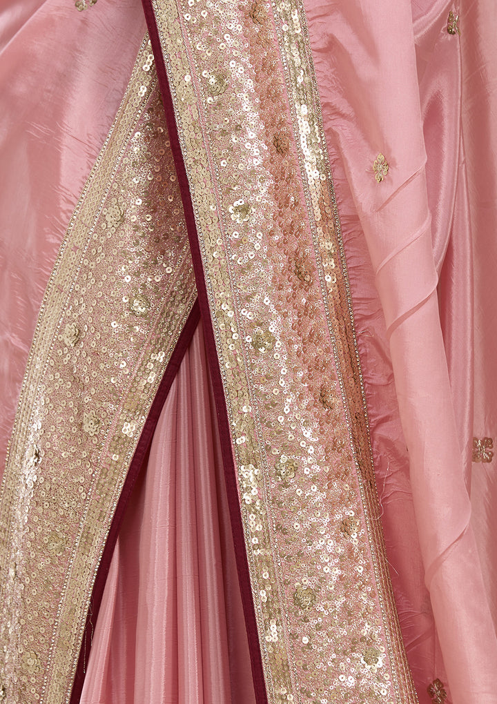 Baby Pink Crepe Sequins Saree With Matching Blouse Piece