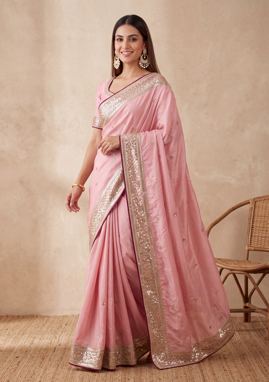 Baby Pink Crepe Sequins Saree With Matching Blouse Piece