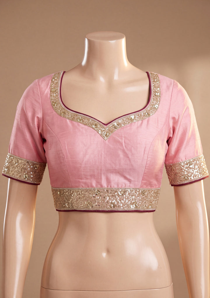 Baby Pink Crepe Sequins Saree With Matching Blouse Piece