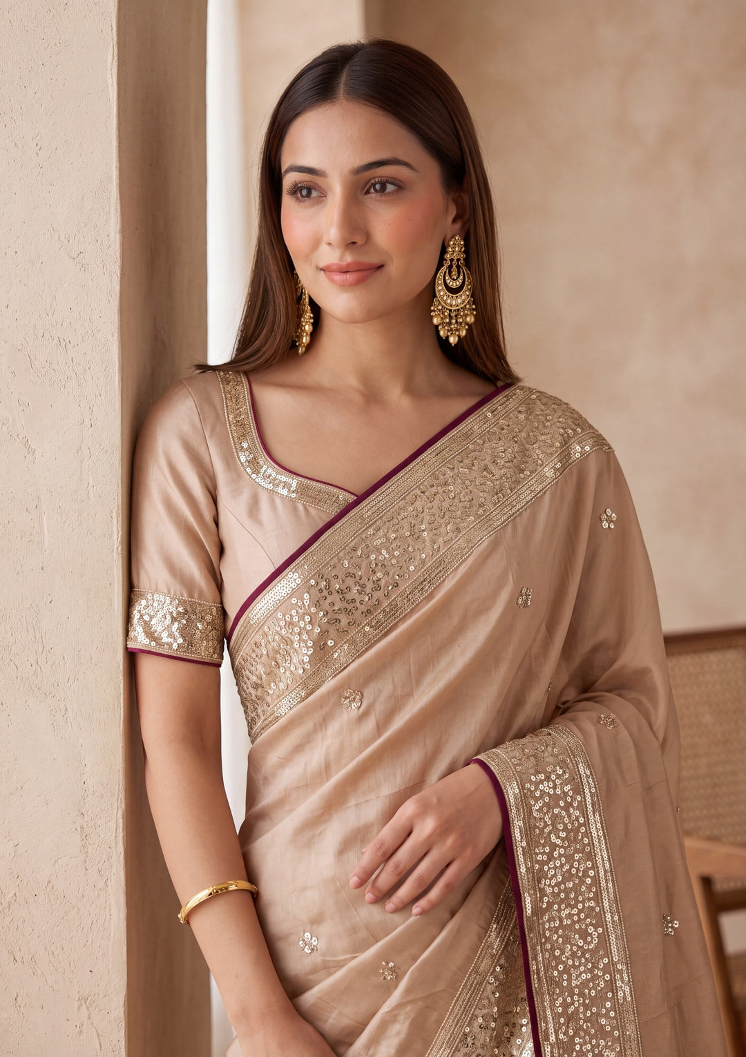 Beige Crepe Sequins Saree With Matching Blouse Piece
