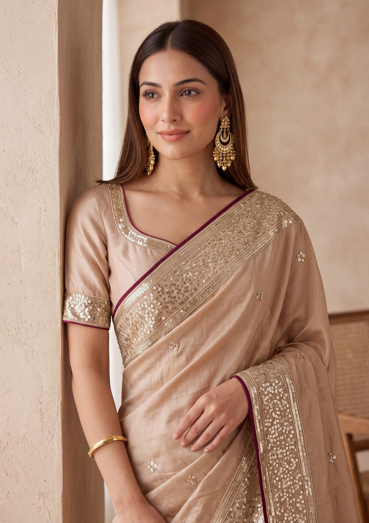 Beige Crepe Sequins Saree With Matching Blouse Piece