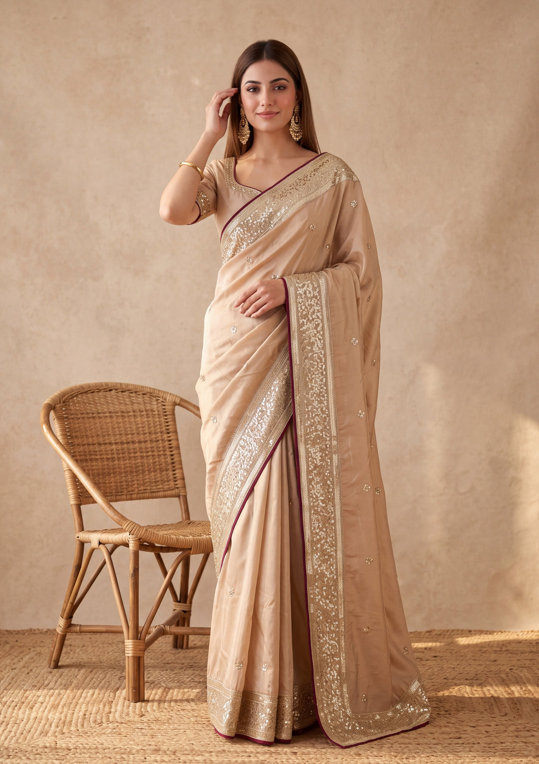 Beige Crepe Sequins Saree With Matching Blouse Piece