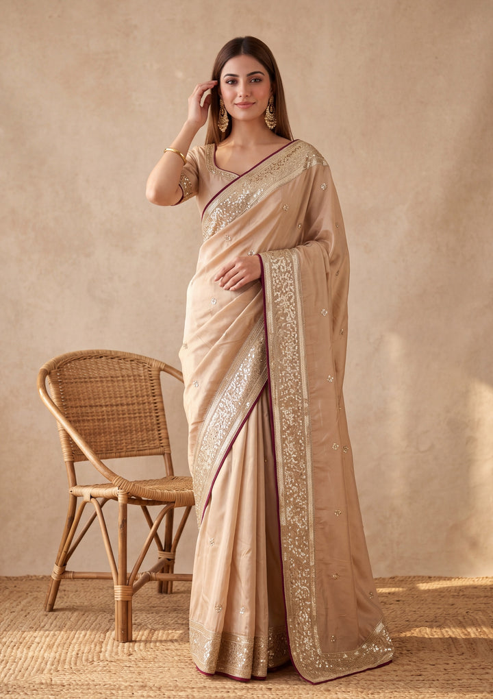 Beige Crepe Sequins Saree With Matching Blouse Piece