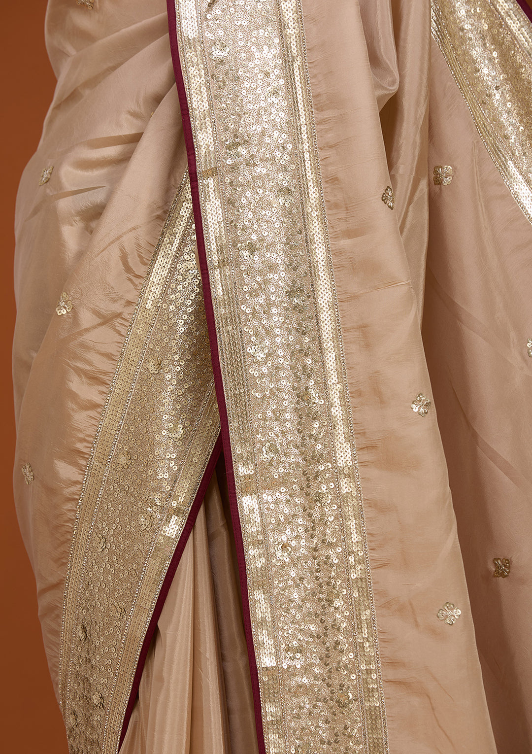 Beige Crepe Sequins Saree With Matching Blouse Piece
