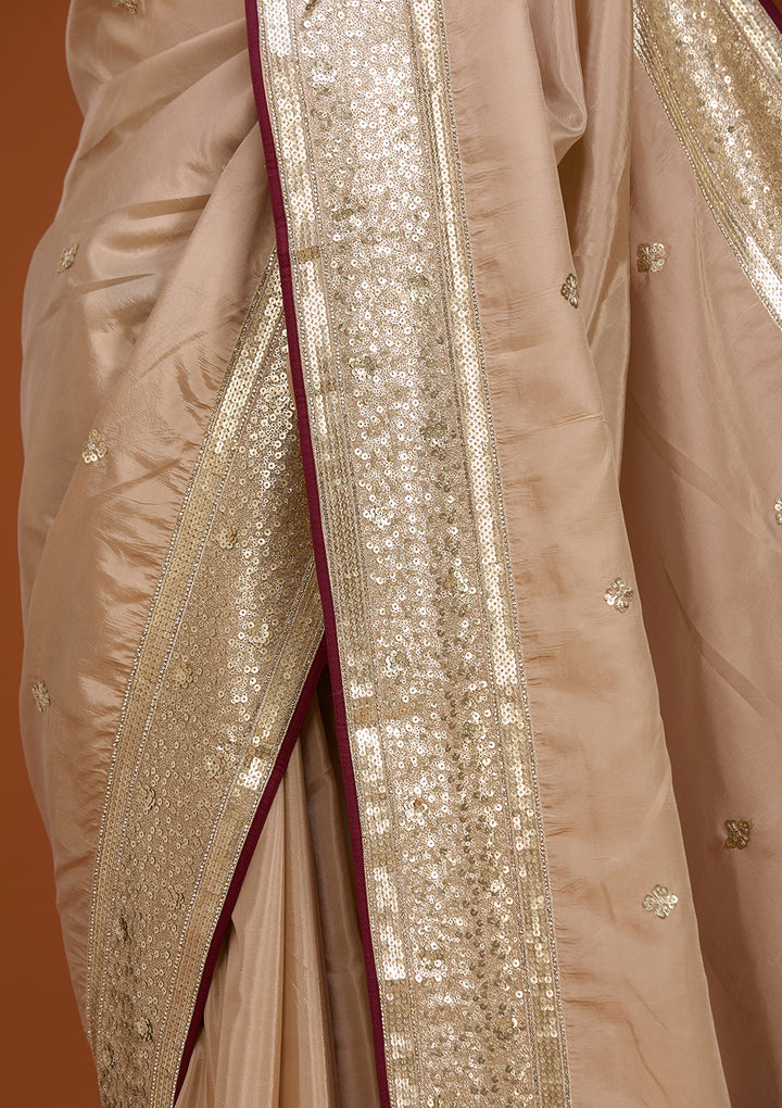 Beige Crepe Sequins Saree With Matching Blouse Piece