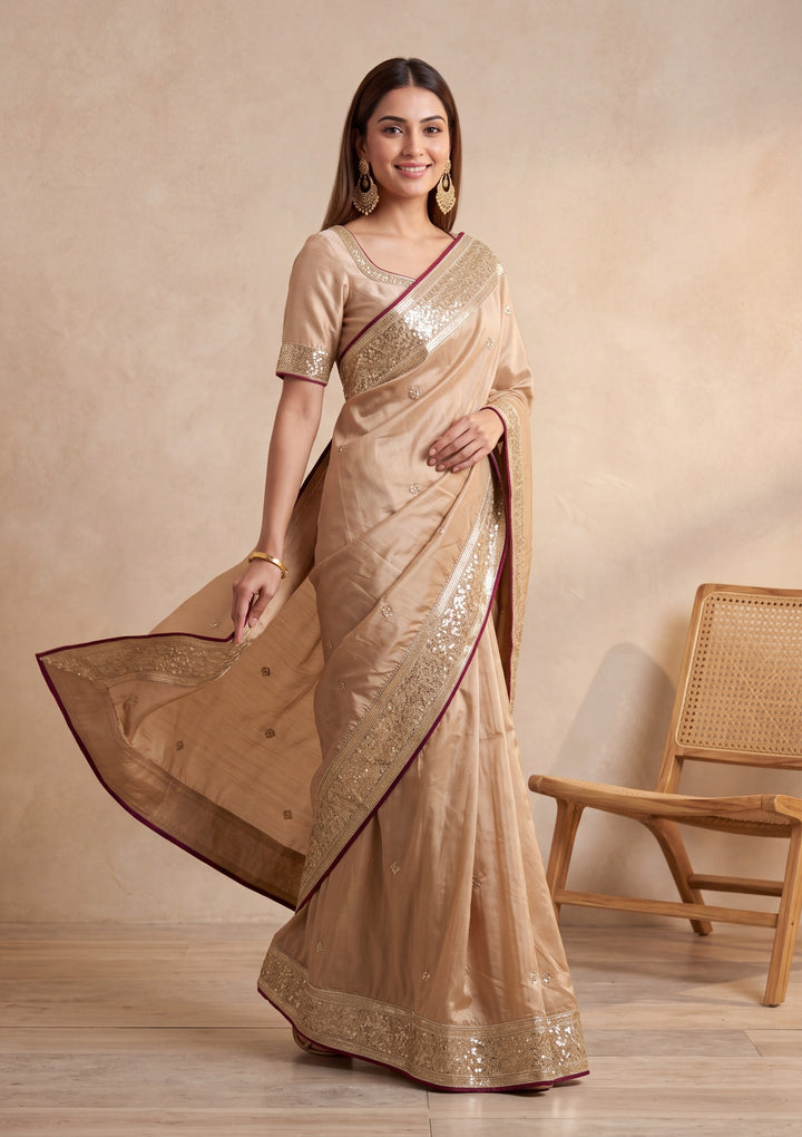 Beige Crepe Sequins Saree With Matching Blouse Piece