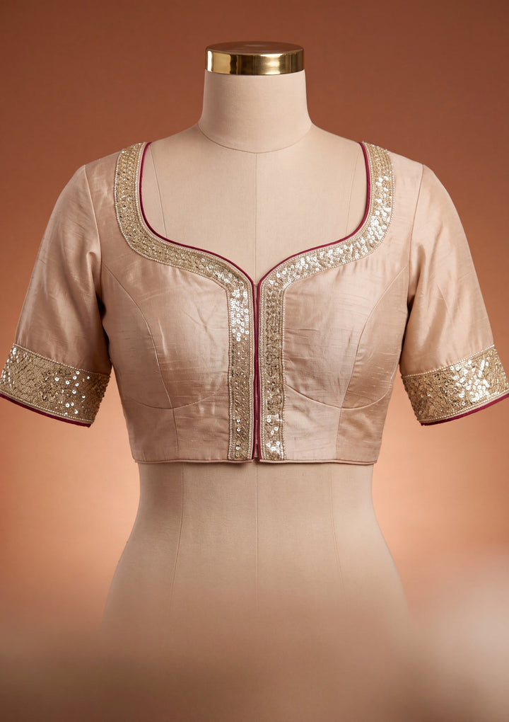 Beige Crepe Sequins Saree With Matching Blouse Piece