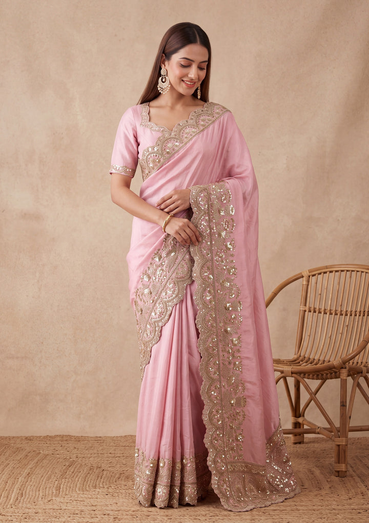 Baby Pink Crepe Sequins Saree With Matching Blouse Piece