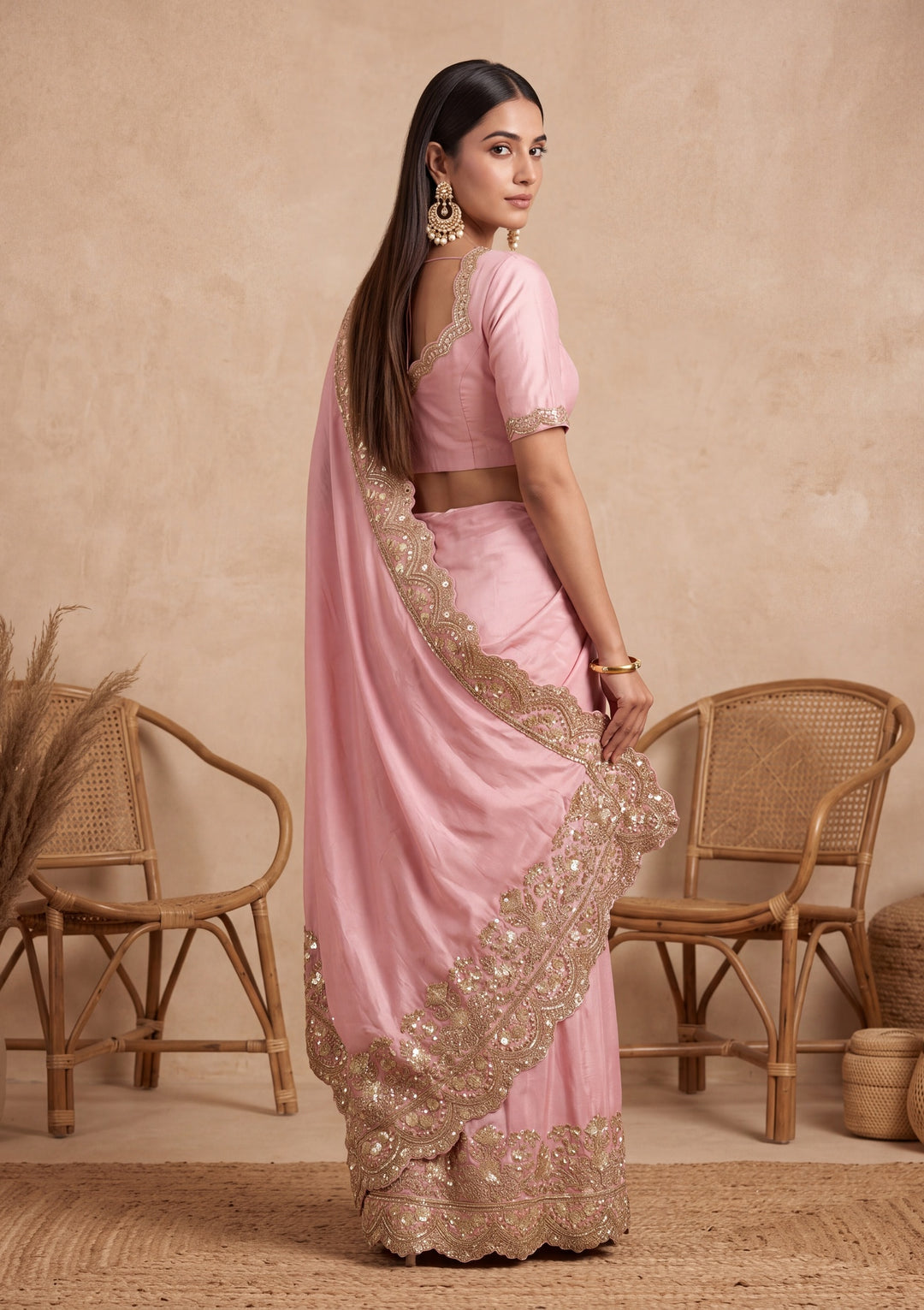 Baby Pink Crepe Sequins Saree With Matching Blouse Piece