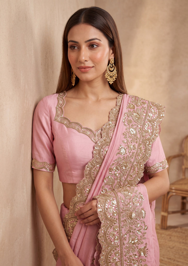 Baby Pink Crepe Sequins Saree With Matching Blouse Piece