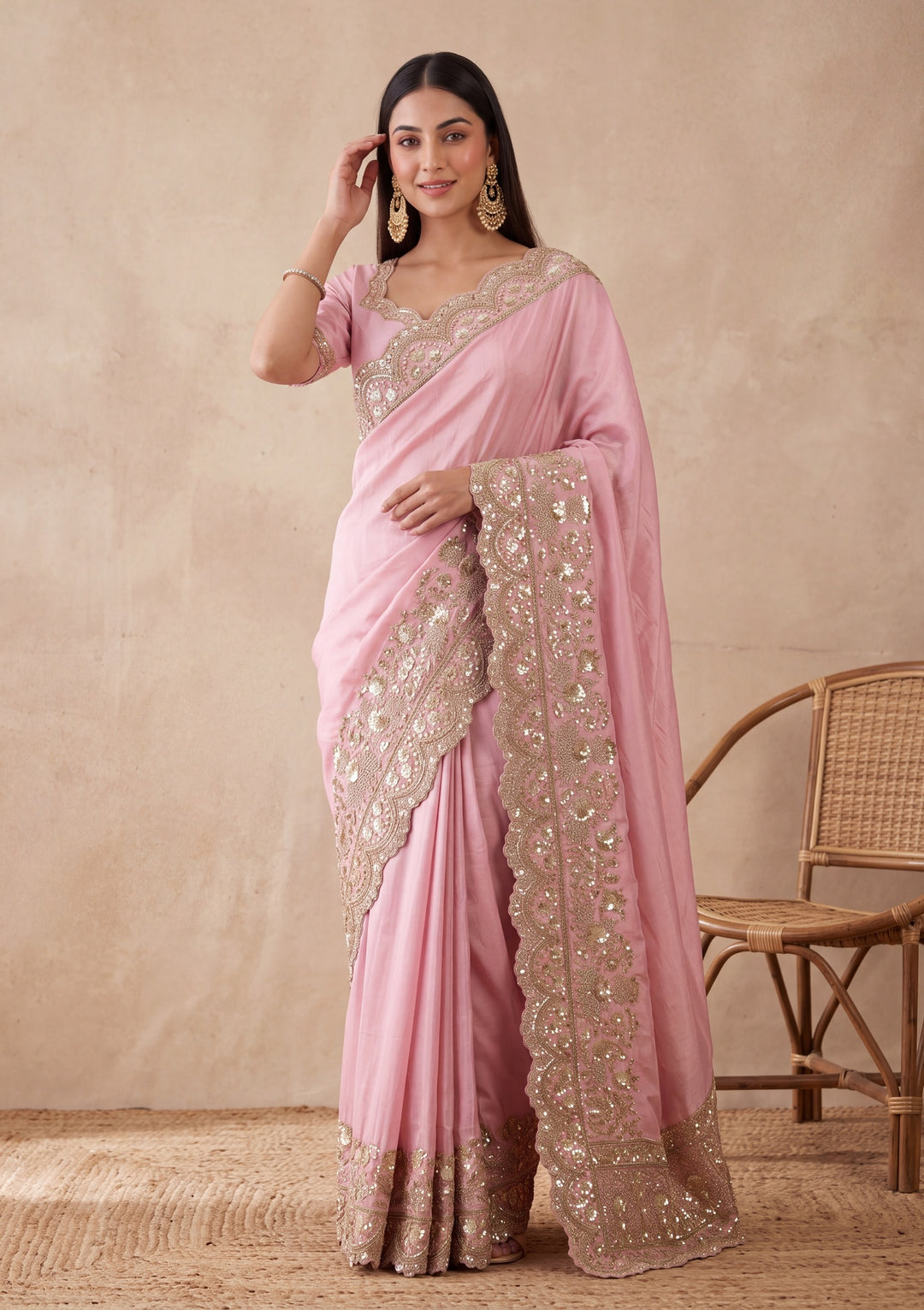 Baby Pink Crepe Sequins Saree With Matching Blouse Piece