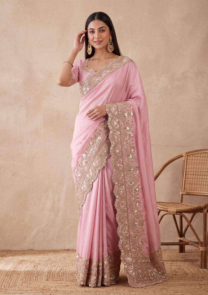 Baby Pink Crepe Sequins Saree With Matching Blouse Piece