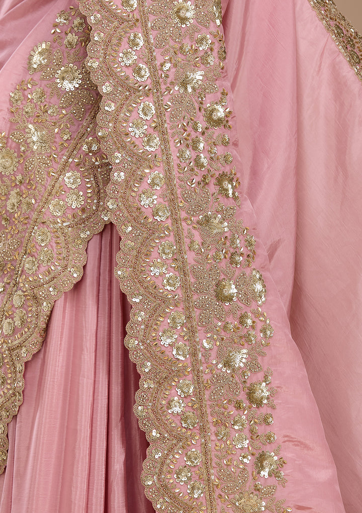 Baby Pink Crepe Sequins Saree With Matching Blouse Piece