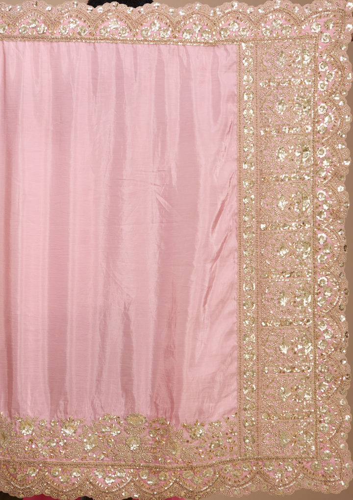 Baby Pink Crepe Sequins Saree With Matching Blouse Piece
