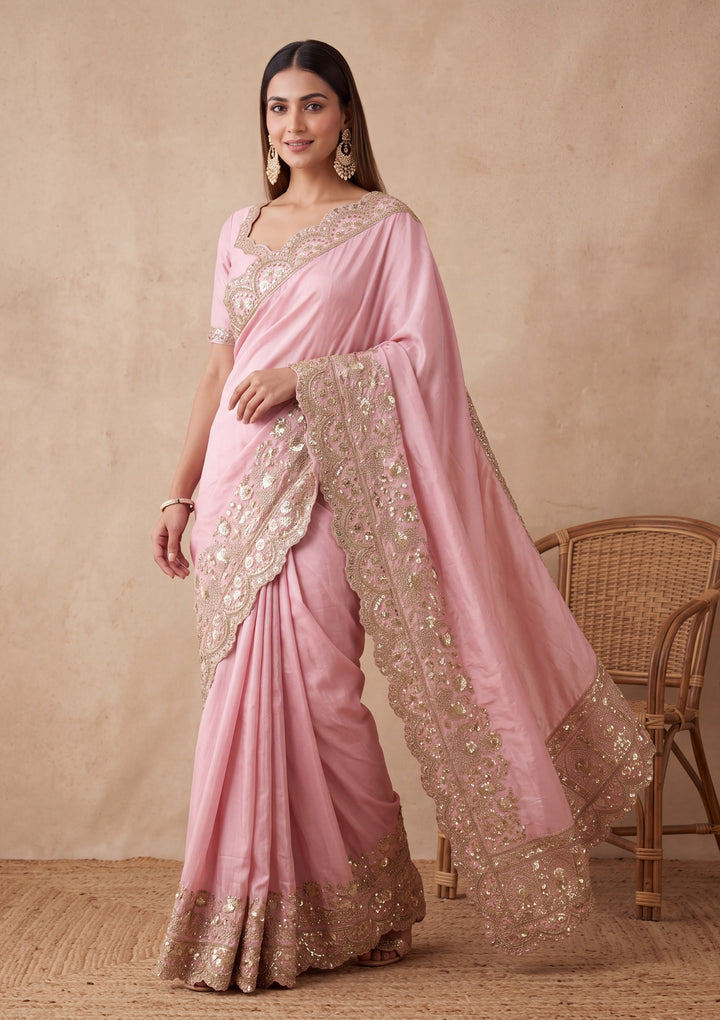 Baby Pink Crepe Sequins Saree With Matching Blouse Piece