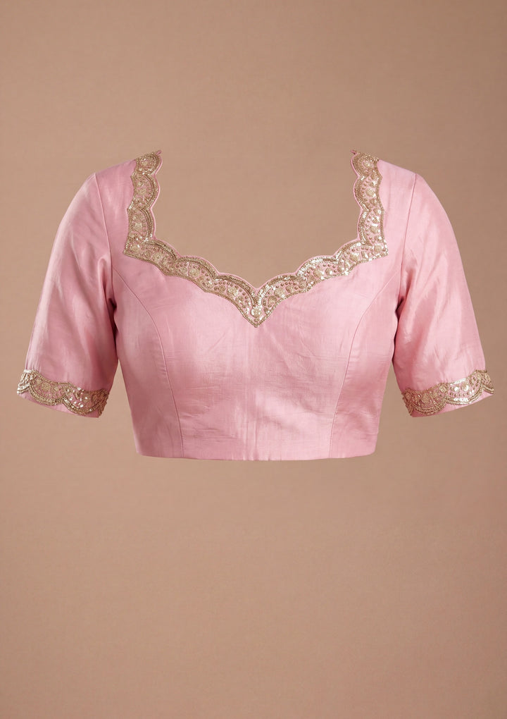Baby Pink Crepe Sequins Saree With Matching Blouse Piece