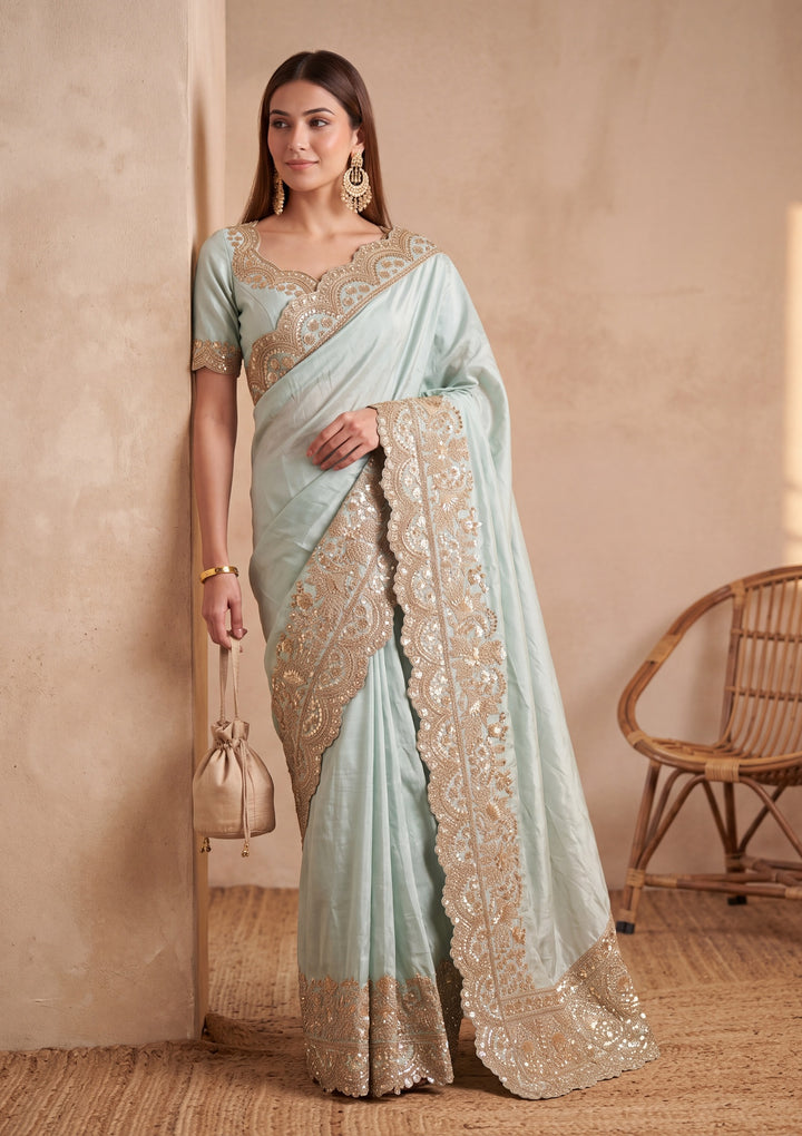 Sea Green Tissue Sequins Saree With Matching Blouse Piece